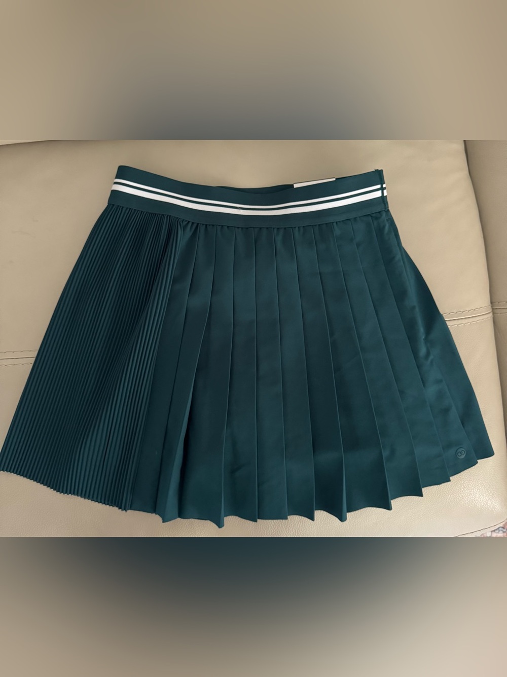 Pleated Dark Teal A-Line Skirt with Striped Waistband